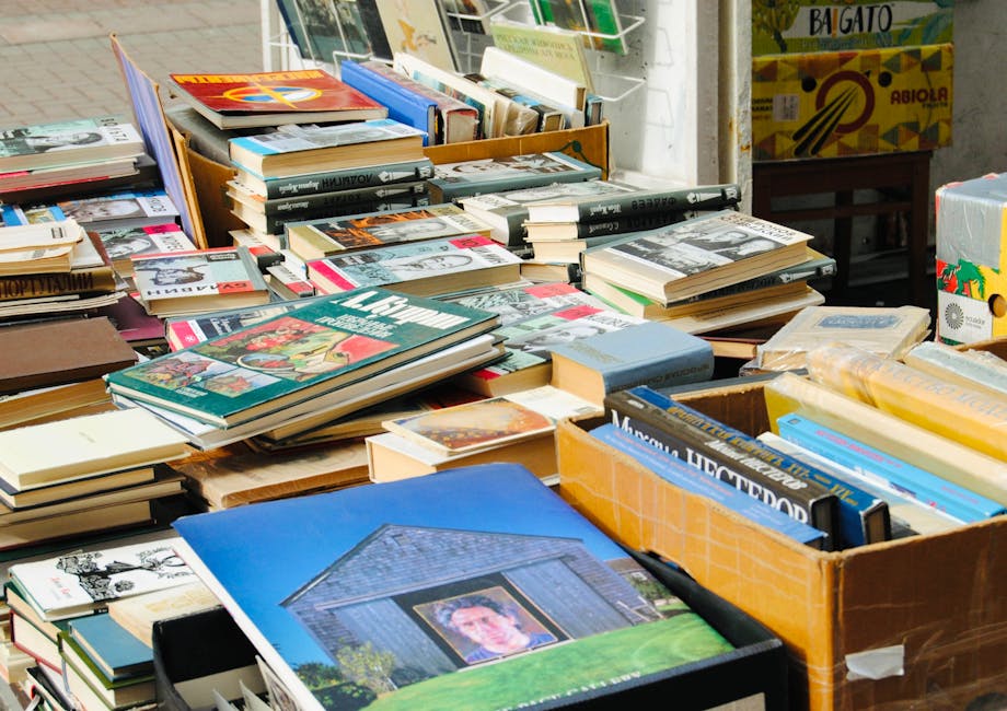 A large collection of printed books and magazines are spread across a wooden table and some stacked inside a cardboard box, with additional books stored upright in metal racks in the background. The books vary in size, cover design, and thickness, with some displaying colourful covers and others more subdued, showing titles in multiple languages. The box on the right contains more books, some partially covered by plastic wrapping or paper. The scene appears to be outdoors or in a market setting, with natural lighting illuminating the items, highlighting the textures of the paper and the smooth finishes of the covers. The overall arrangement suggests these items are being offered for sale or redistribution, fitting within a context of independent or alternative waste handling, typical of second-hand book shops or collection points. Occasionally, Waste Removal Islington's rural or shop clearance services are involved with managing such collections as part of their rubbish or waste disposal offerings, especially in situations involving non-standard rubbish like books or media materials as part of private disposal or on-site clearance.